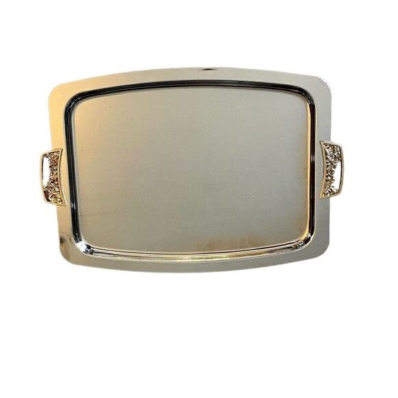 Vintage Kromex 18" Silver Tone Rectangle Serving Tray W/ Handles - Picture 4 of 7